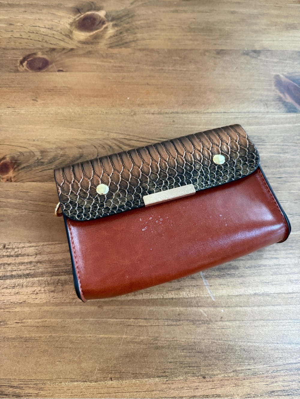 Leather Crossbody Clutch Wallet - Brown with Snake-Print Flap
